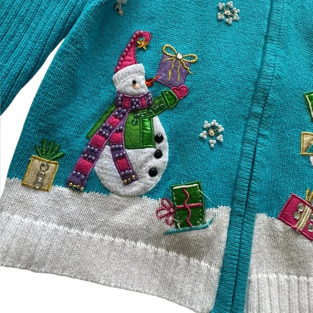 Tiara International Blue Full Zip Hooded Snowman Christmas Cardigan Size Large - Picture 7 of 10